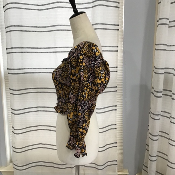 Topshop Women Size 6 Cropped Puff Sleeve Flounce Smocked Blouse Micro Floral - Picture 6 of 11